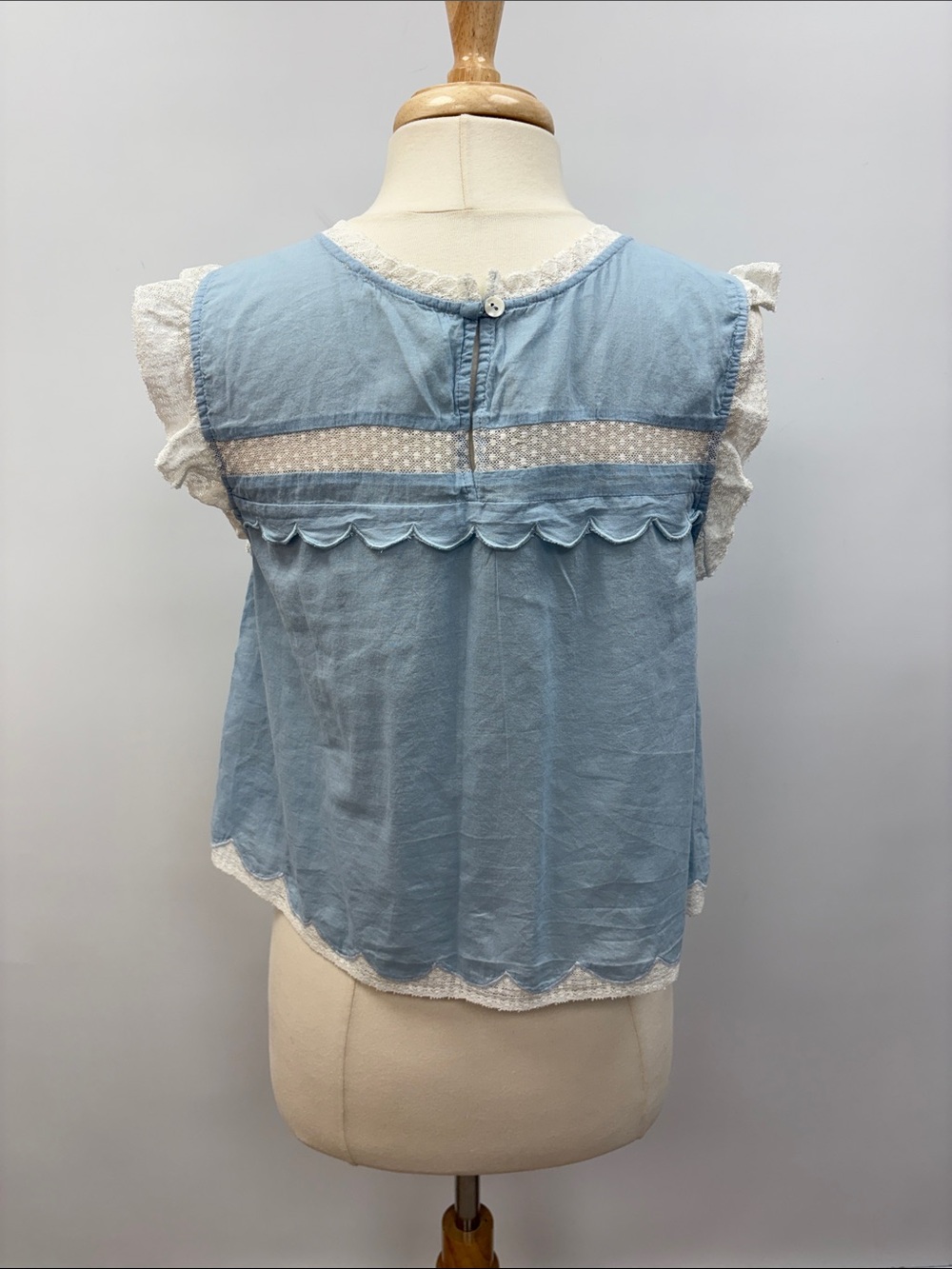 LoveShackFancy Cottage Ruffle Lace Pleated Prairie Woven Shirt Blue Medium - Picture 5 of 8